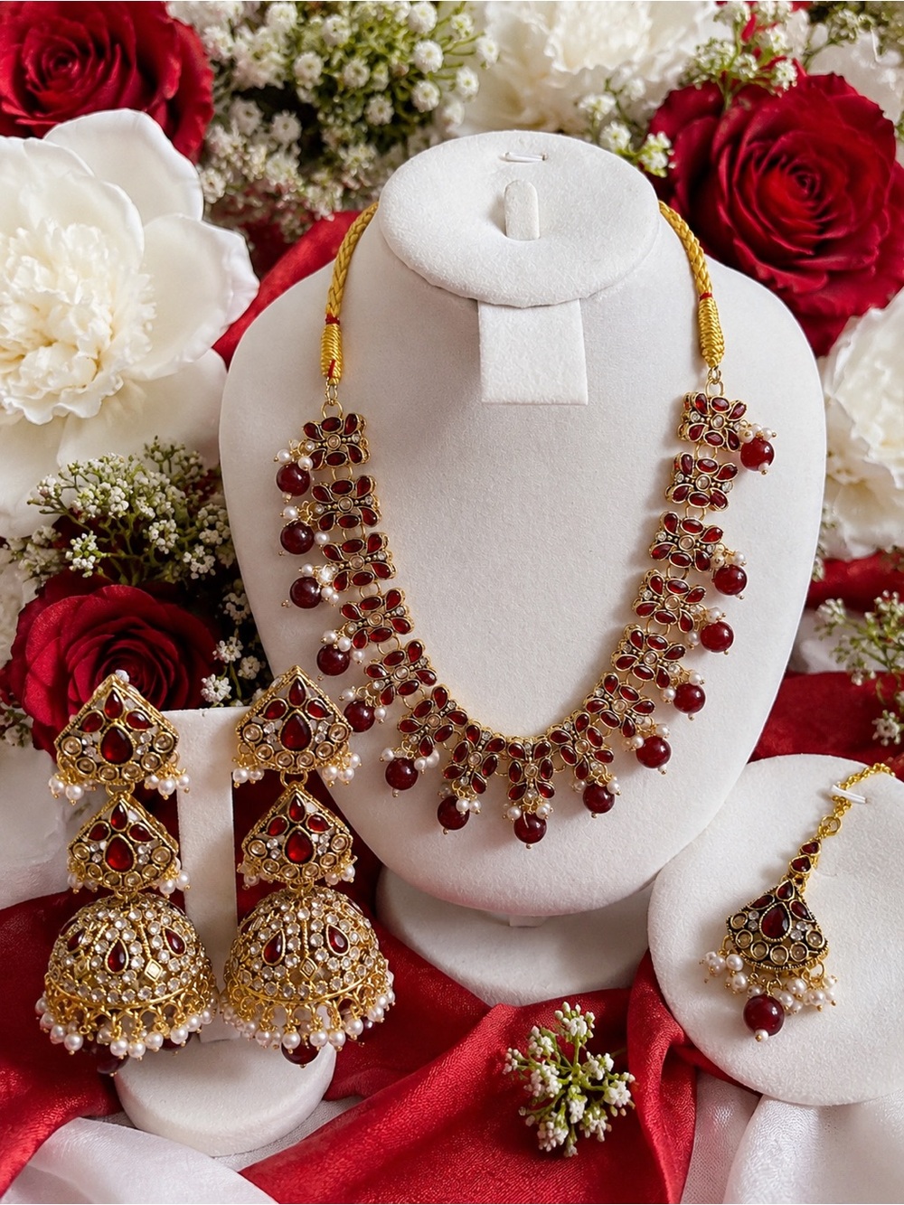 Gold-Tone Red Beaded Necklace & Earrings Set - Women Jewelry